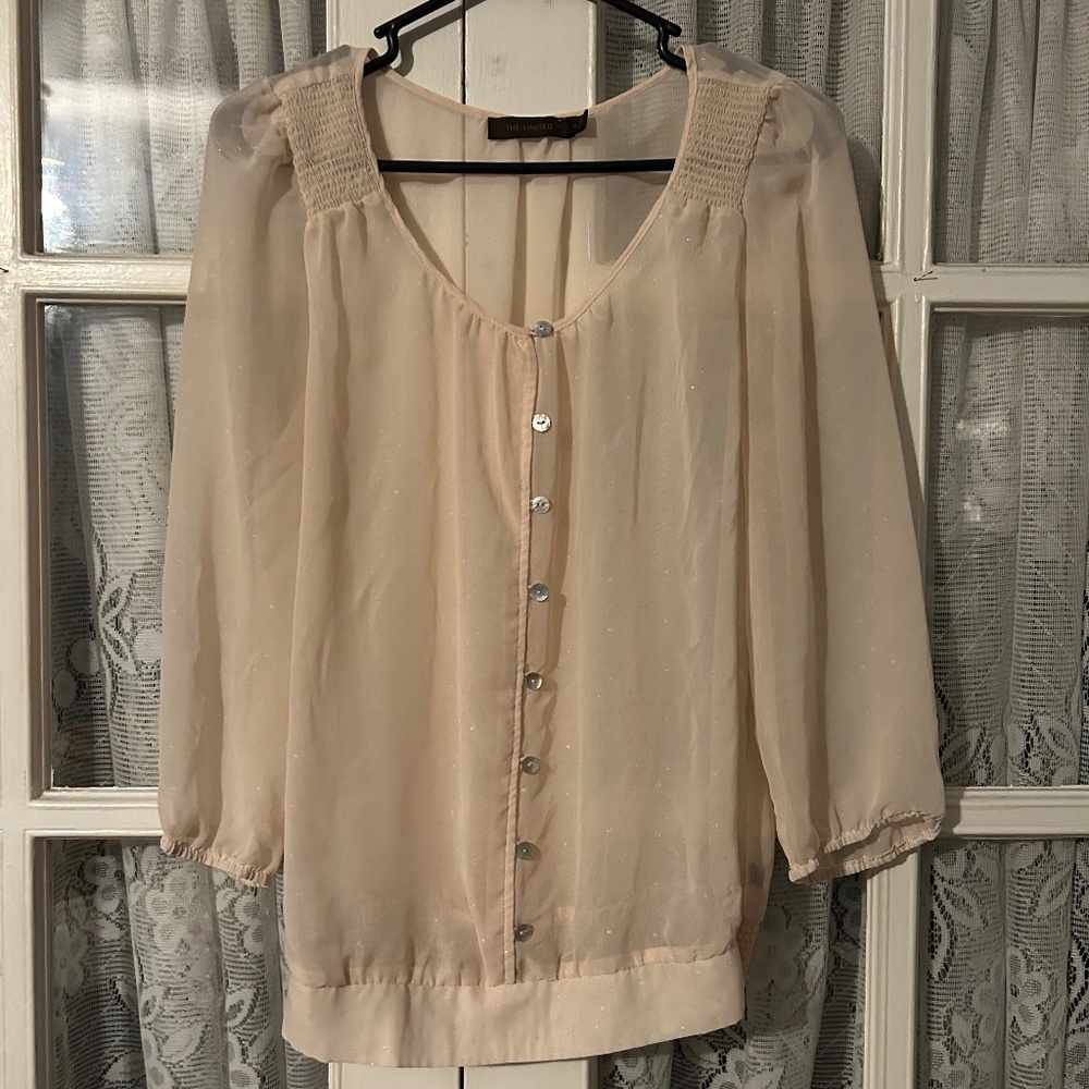 😉Bundle Days😉 Women’s The Limited Beige See Through Shirt Sparkly Button Down